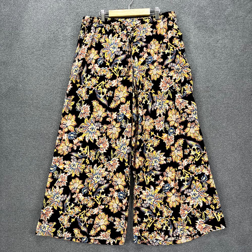 Nicole Miller Pants Womens Large‎ Black Yellow Floral Wide Leg Elastic Waist